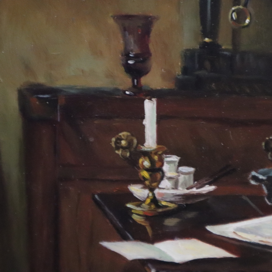 Alvera, J. (20.Jh.) - Stubeninterieur mit Dame am Schreibtisch, Öl auf Holz, unten rechts signiert - Image 7 of 10