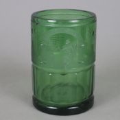 Übergroßer Freimauer-Becher - dickwandiges, grünes Glas, zylindrische Form