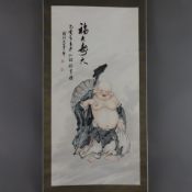 Chinesisches Rollbild mit „Glück-& Langes Leben“-Symbolik - Großformatige Budaifigur sowie Beschrif