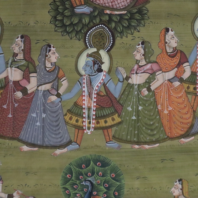 Pichhwai mit fein gemalter Darstellung des Rasalila - Indien, Rajasthan, 20.Jh., Gouache auf Leinen - Image 6 of 12