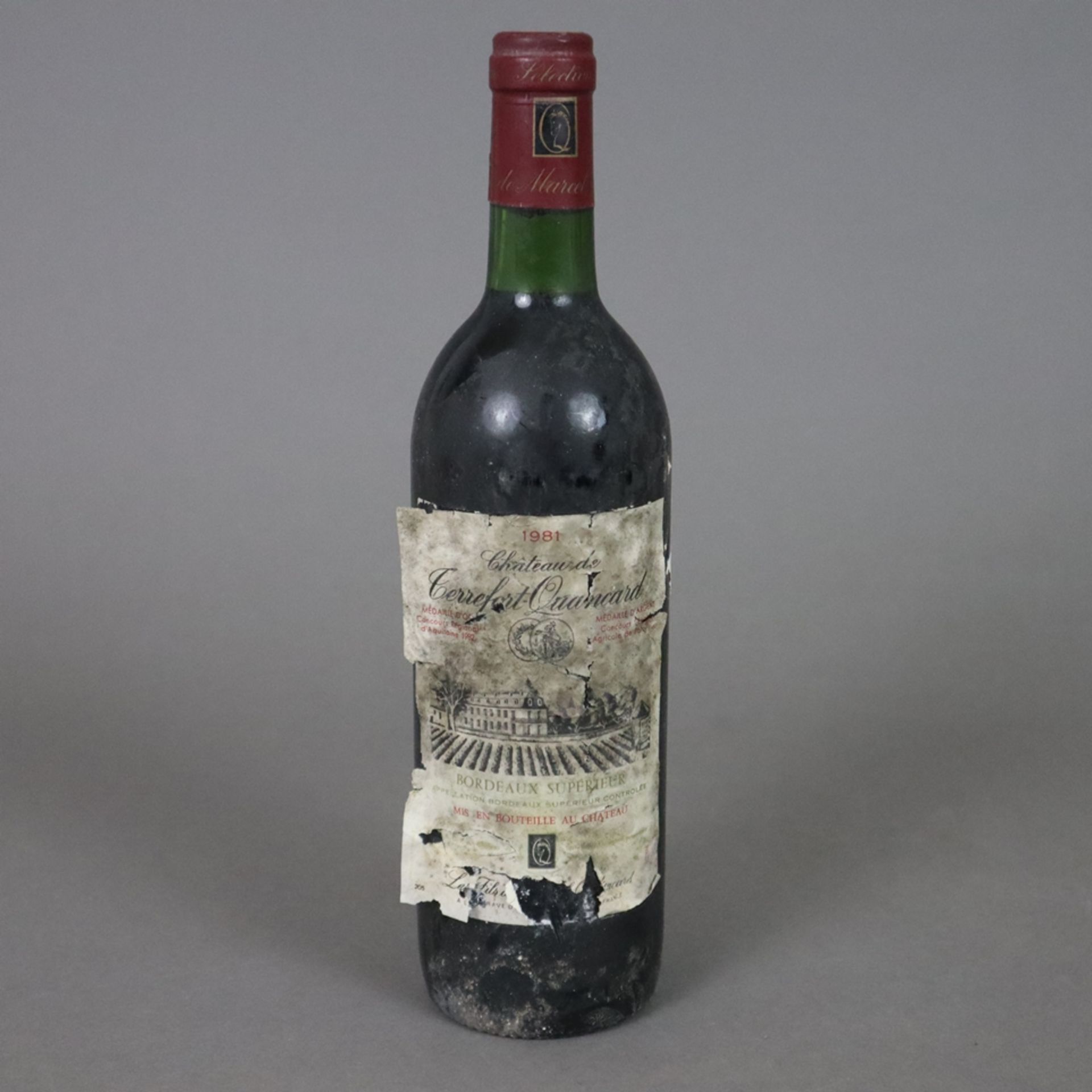 Wein - 1981 Château de Terrefort-Quancard, Bordeaux Supérieur, France, 0,7 L, Flasche verschmutzt,