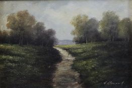 Landschaftsmaler (20. Jh.) - Landschaft mit Bachlauf, Öl auf Holz, unten rechts undeutlich signiert