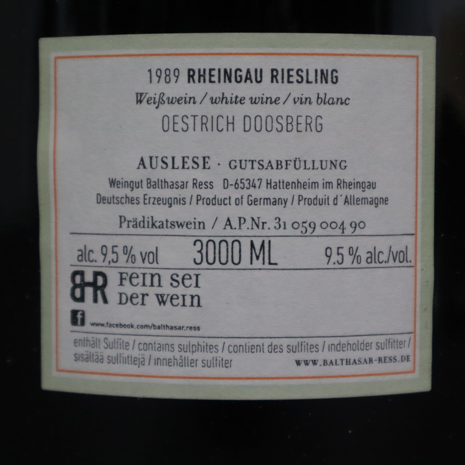 Wein - 1989 Oestrich Doosberg Riesling Auslese (3 l Doppelmagnum), Private Family Reserve, Füllstan - Image 4 of 6