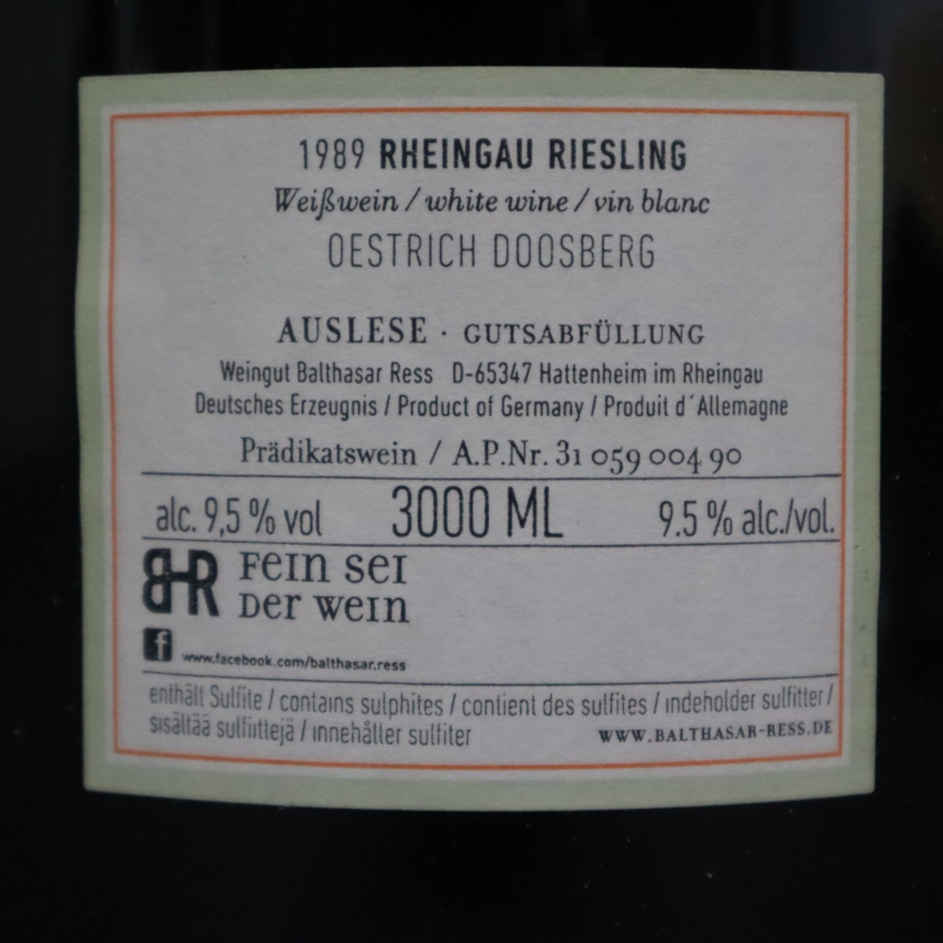 Wein - 1989 Oestrich Doosberg Riesling Auslese (3 l Doppelmagnum), Private Family Reserve, Füllstan - Bild 4 aus 6
