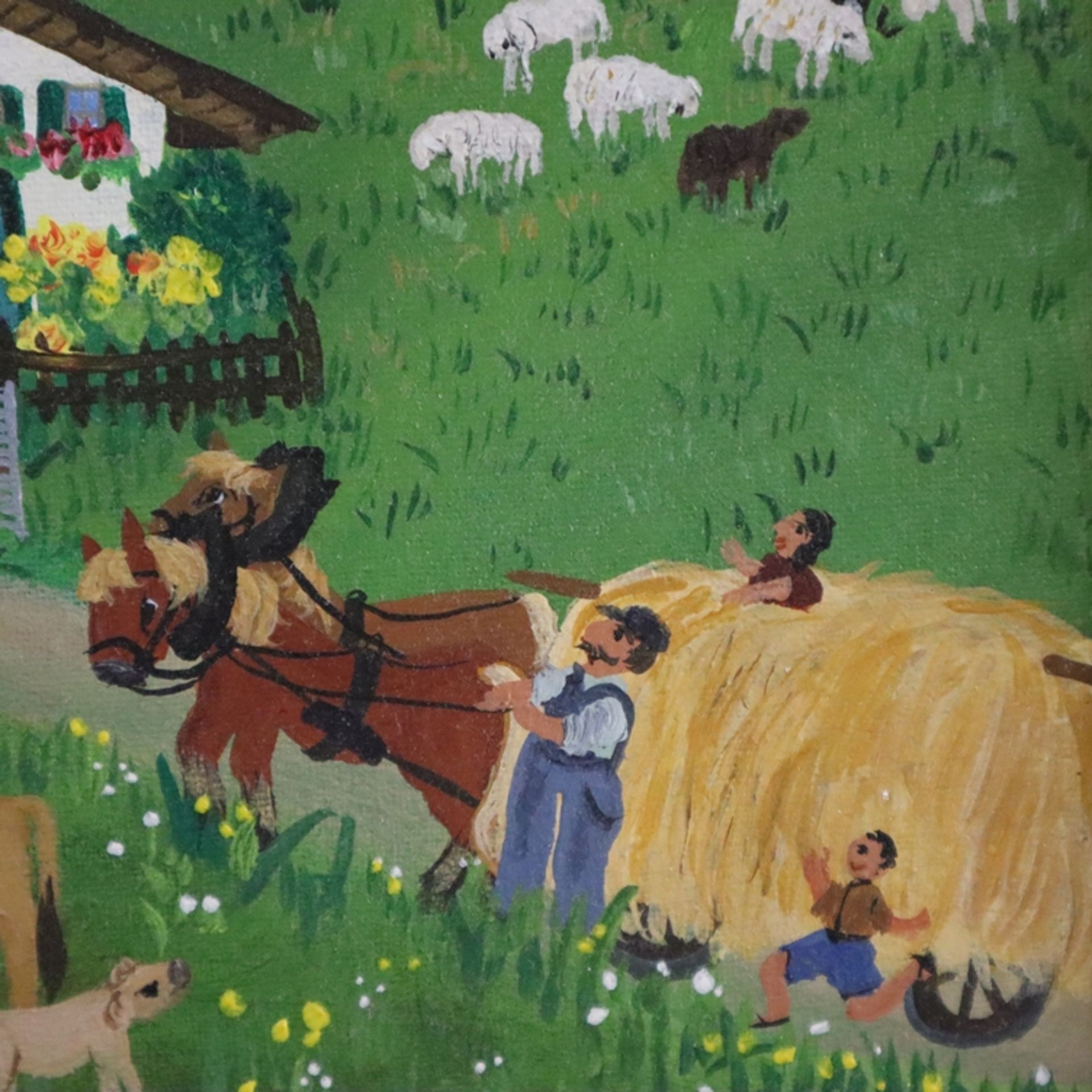 Kreitmeir, Lisa (1935 Oberammergau) - Belebte Dorfszene mit Bauern und Vieh, Öl auf Leinwand, auf P - Bild 7 aus 8