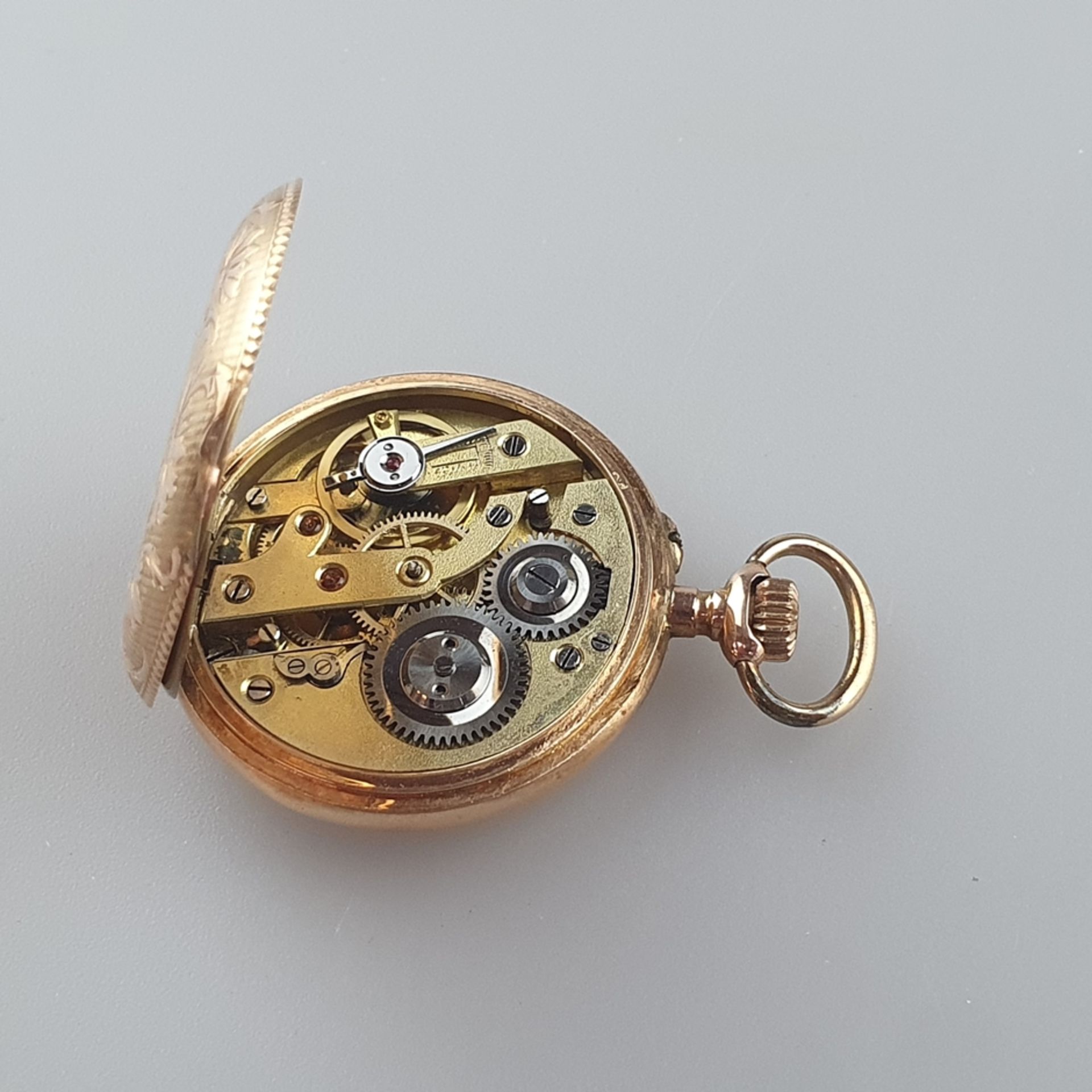 Filigran verzierte Savonnette-Damentaschenuhr - Gelbgold 585/000, Goldpunzen u.a. Schweizer Goldpun - Bild 7 aus 7