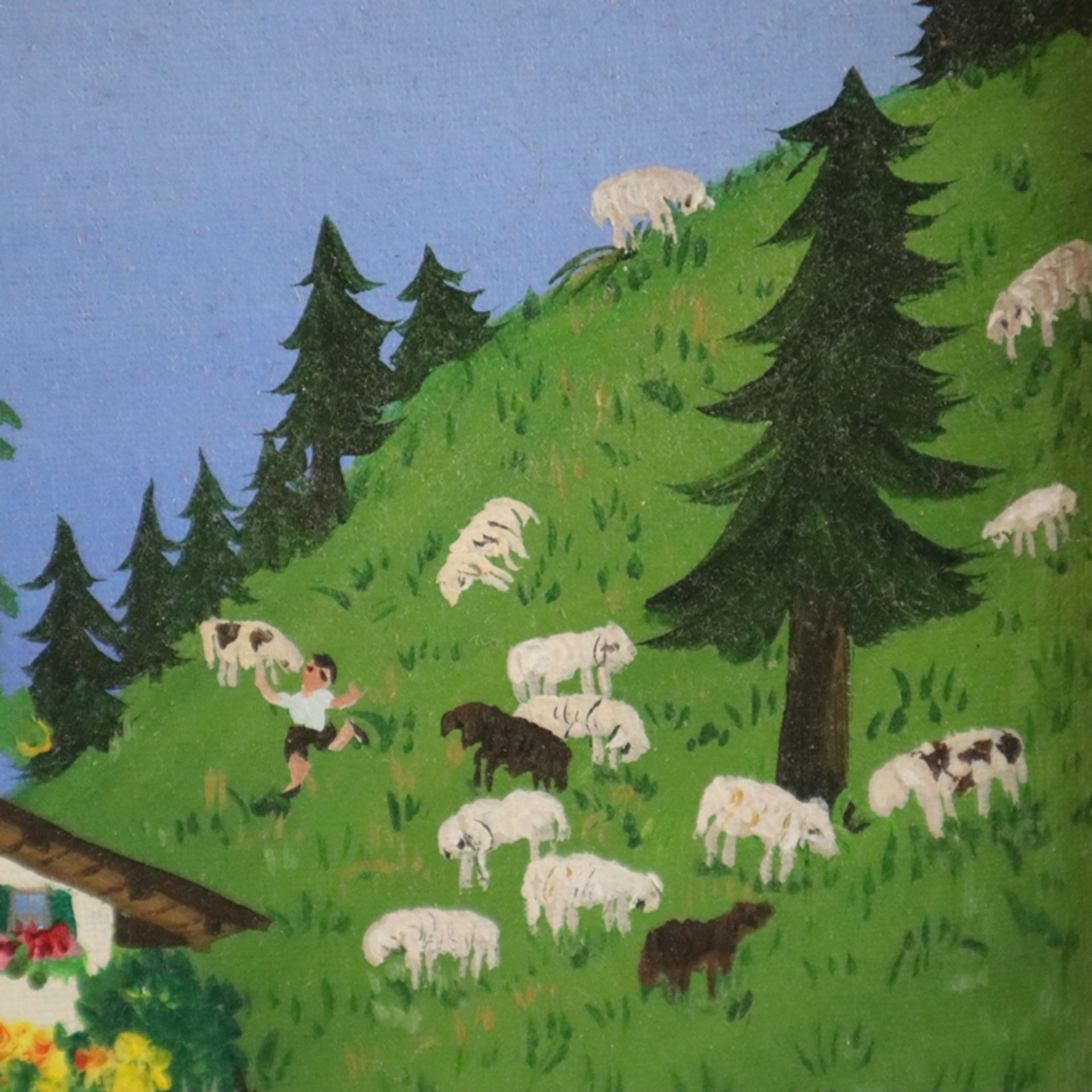 Kreitmeir, Lisa (1935 Oberammergau) - Belebte Dorfszene mit Bauern und Vieh, Öl auf Leinwand, auf P - Bild 6 aus 8