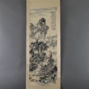 Chinesisches Rollbild -20.Jh.- Berglandschaft mit Wasserfall (Shandong), Tusche und leichte Farben 