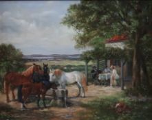 Lohmann, Adolf ( *1928 Essen, Portrait- und Tiermaler) - Pferde an der Tränke vor einem Ausflugslok