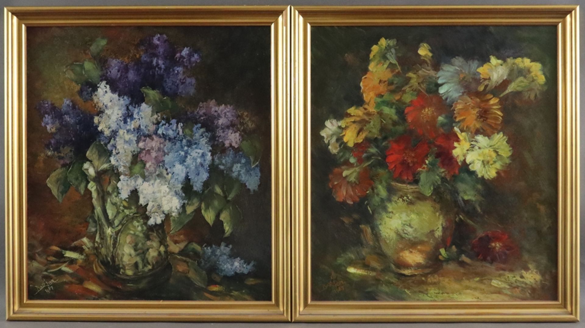 Darion (20. Jh.) - Zwei Blumenstillleben, 1987, Öl auf Platte, jeweils unten links signiert und dat