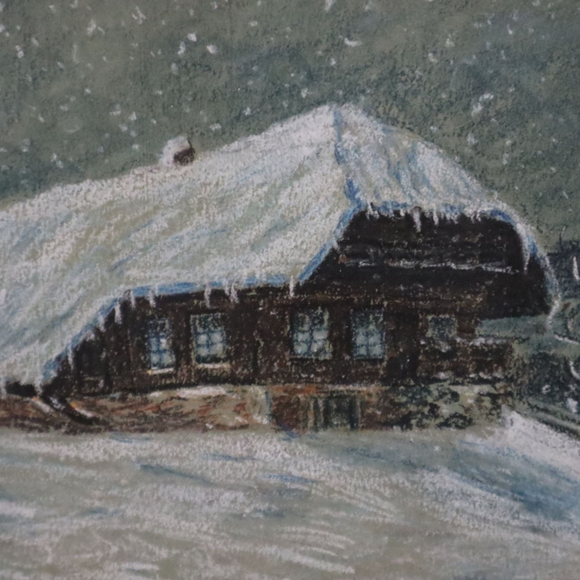 Rück, Heinz (Anfang 20. Jh.) - Verschneite Hütte in Winterlandschaft, Pastellkreide auf Papier, unt - Image 4 of 7