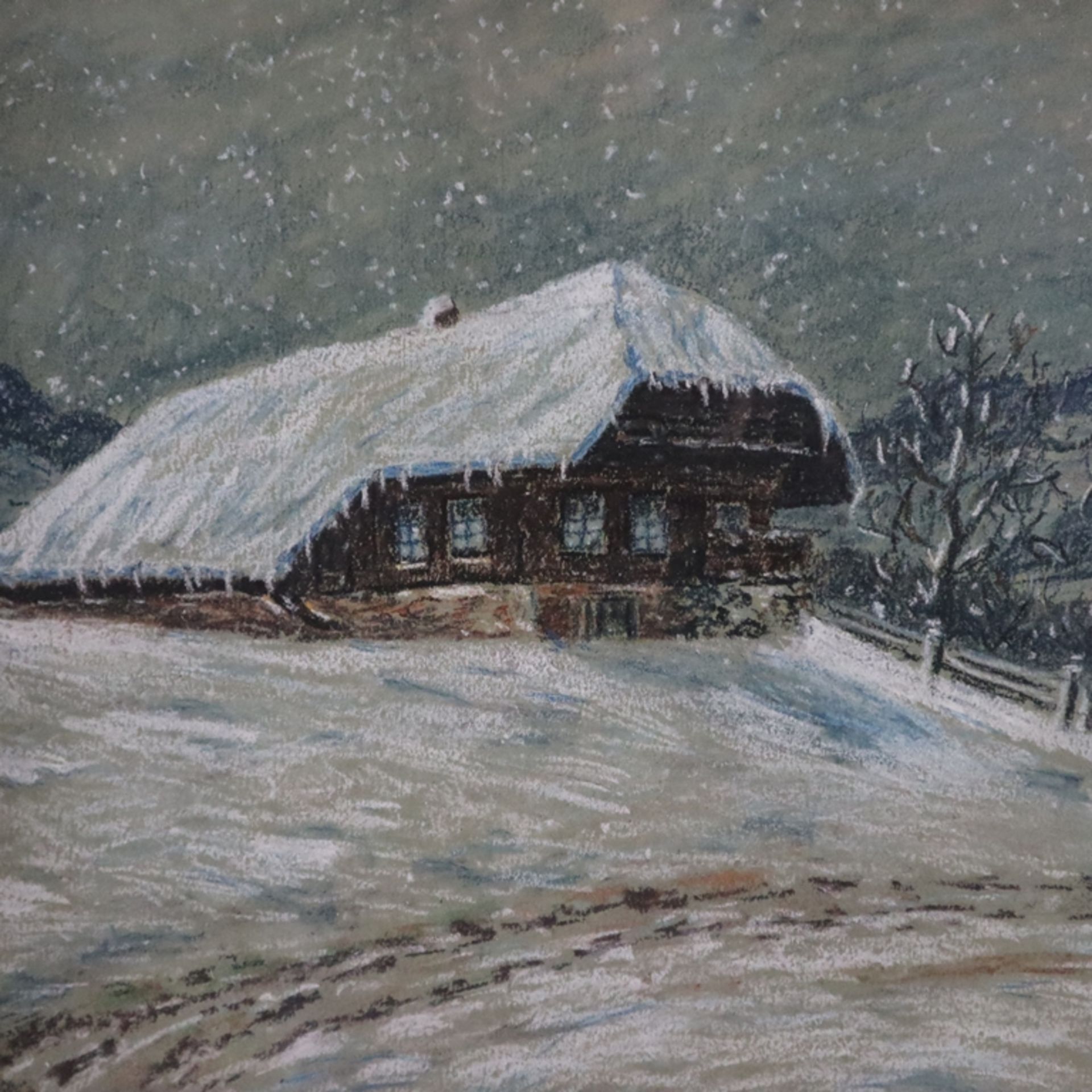 Rück, Heinz (Anfang 20. Jh.) - Verschneite Hütte in Winterlandschaft, Pastellkreide auf Papier, unt - Image 3 of 7