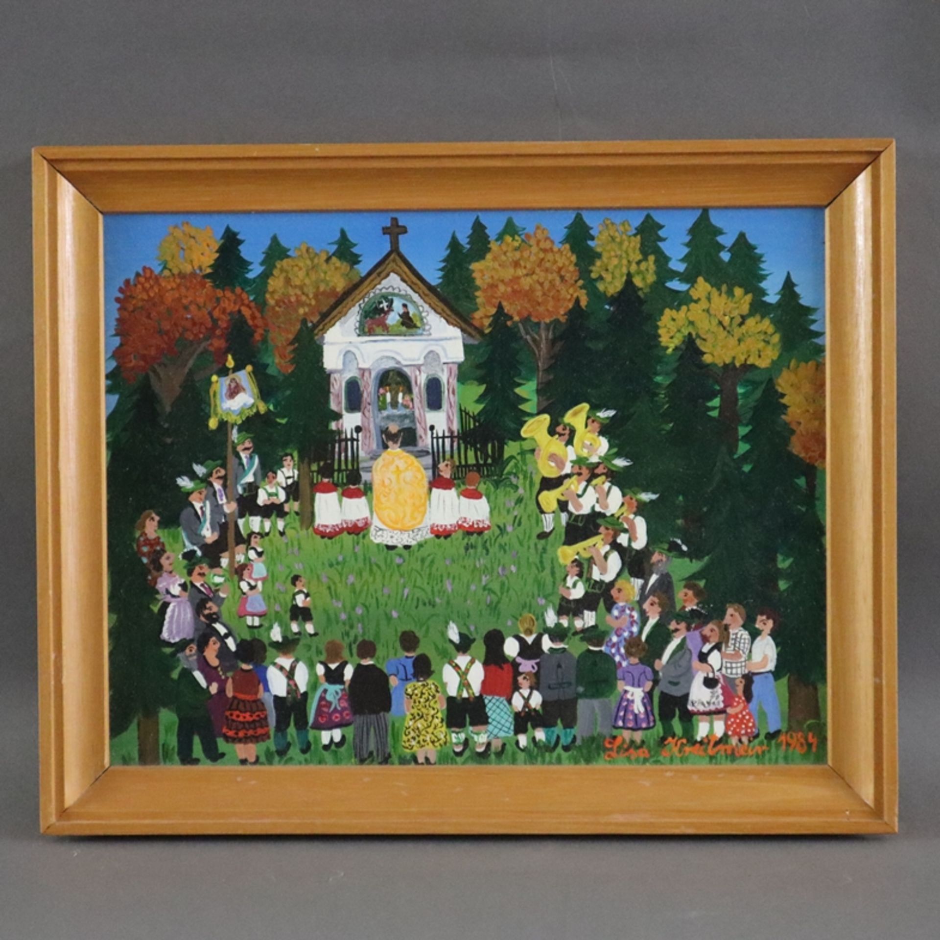 Kreitmeir, Lisa (1935 Oberammergau) - Festgesellschaft vor einer Waldkapelle, Öl auf Leinwand, auf - Bild 2 aus 8