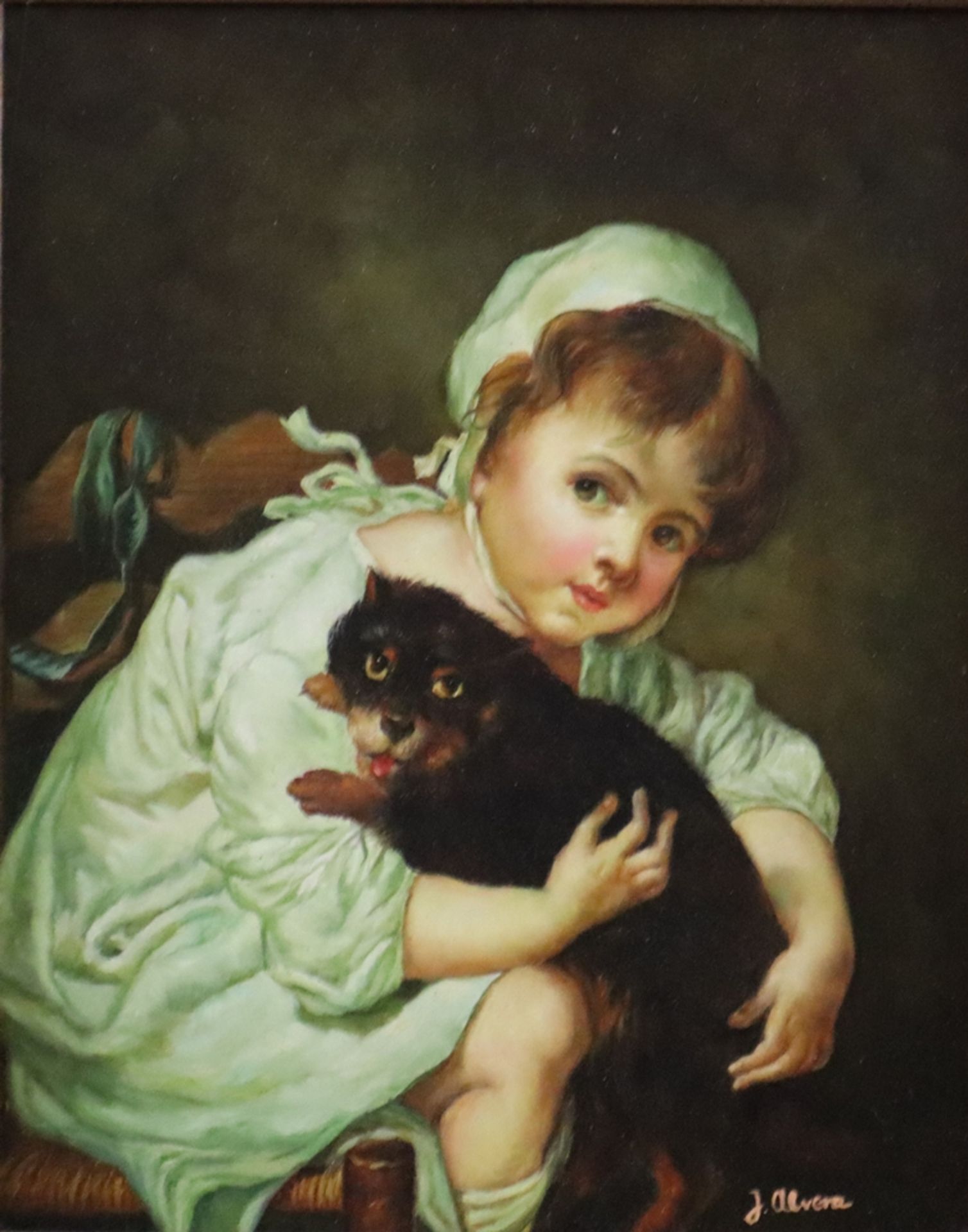 Alvera, J. (20.Jh.) - Porträt eines Mädchens mit Hund, Kopie nach Jean-Baptiste Greuze (1725 - 1805