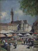 Hellmeier, Otto (Weilheim 1908 - 1996 ebenda) - München-Viktualienmarkt, Öl auf Hartfaserplatte, un