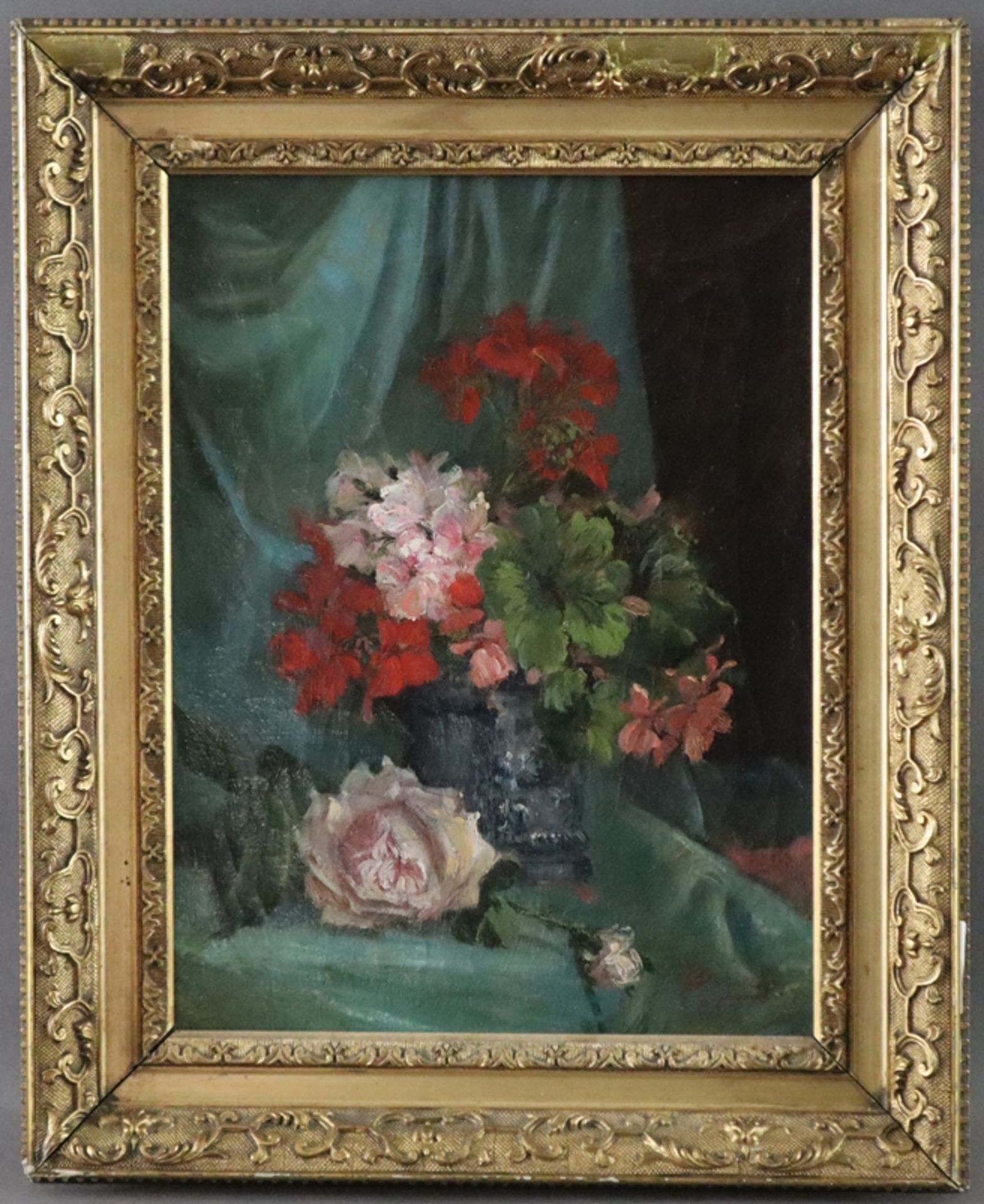 Dumarc Roy, P. -Ende 19.Jh.- Stillleben mit Geranientopf und Rosenblüten, Öl auf Leinwand, rechts u - Bild 2 aus 7