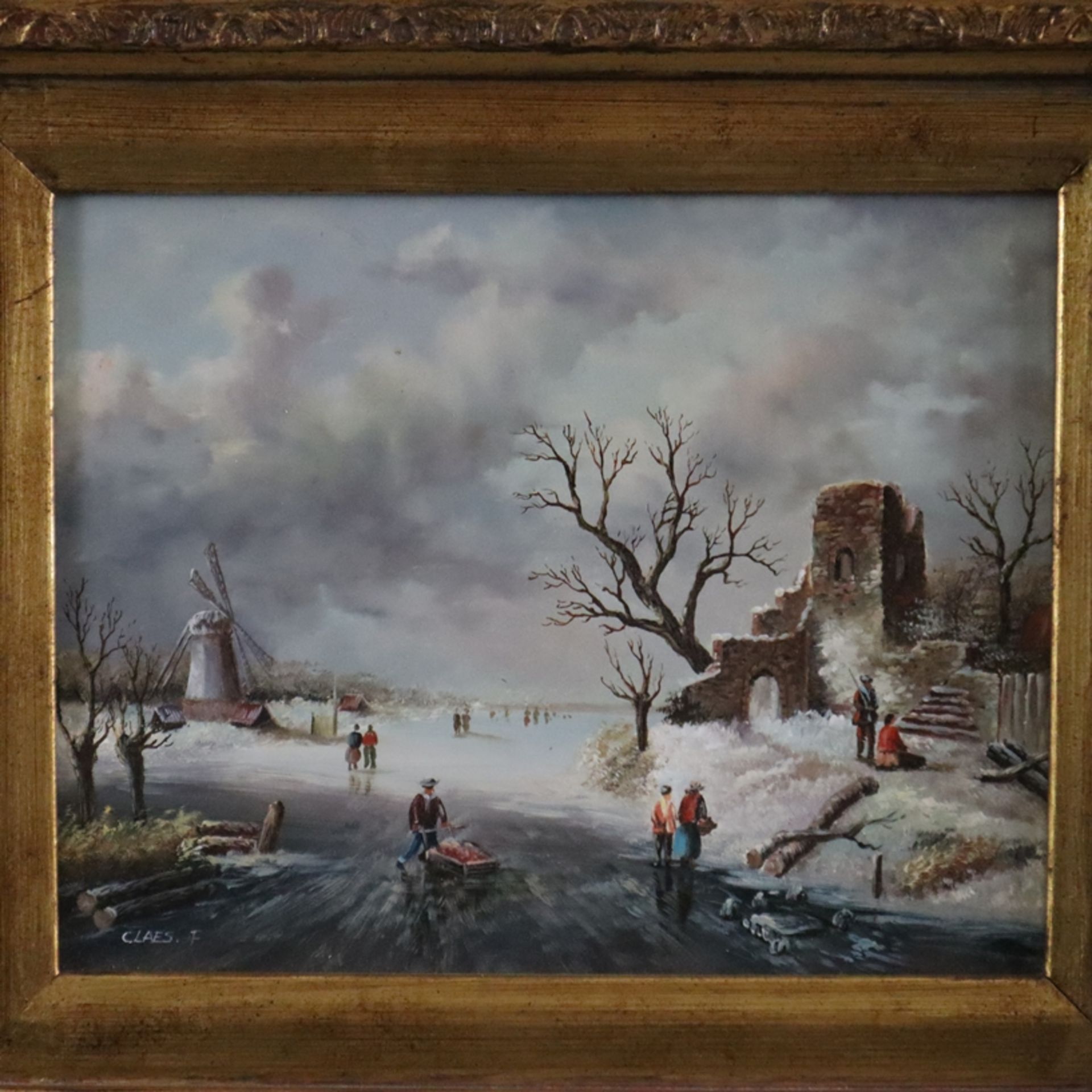 Claes, F. (XX) - Zwei zugefrorene Uferlandschaften mit Figurenstaffage, Öl auf Holzplatte, jeweils - Bild 2 aus 12