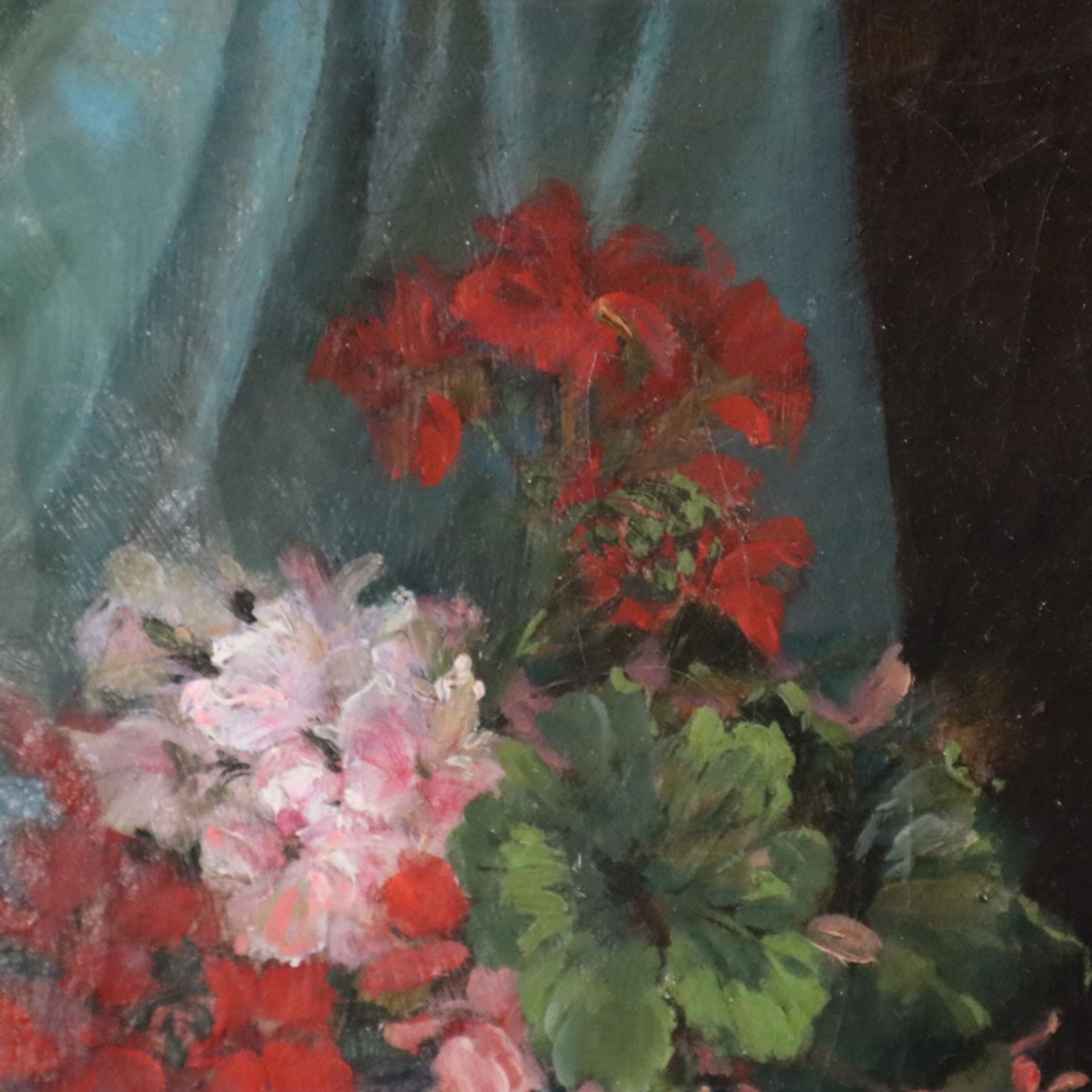 Dumarc Roy, P. -Ende 19.Jh.- Stillleben mit Geranientopf und Rosenblüten, Öl auf Leinwand, rechts u - Bild 3 aus 7
