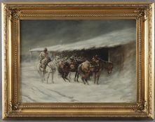 Kaiser, E. A. (19./20. Jh.) - Winterliche Szene mit Pferdestation, Öl auf Leinwand, unten rechts si