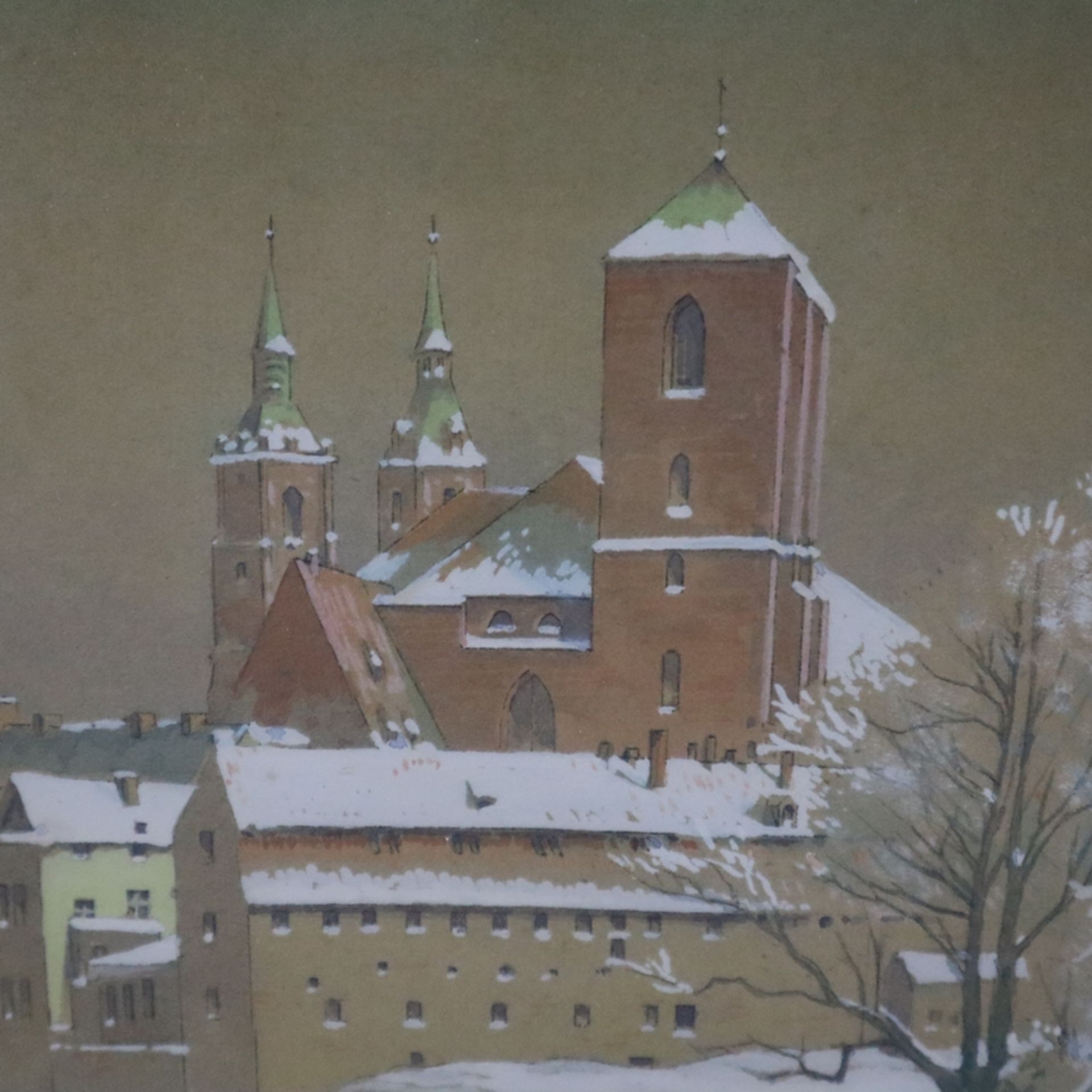 Eisold, R. (20. Jh.) - Blick auf verschneite Stadtarchitektur, 1947, Aquarell auf braunem Papier, u - Bild 4 aus 8