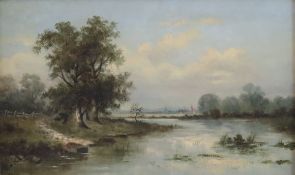 Weber, E. -20. Jh.- Landschaft mit Gewässer, Öl auf Pressspannplatte, unten links signiert "E.Weber