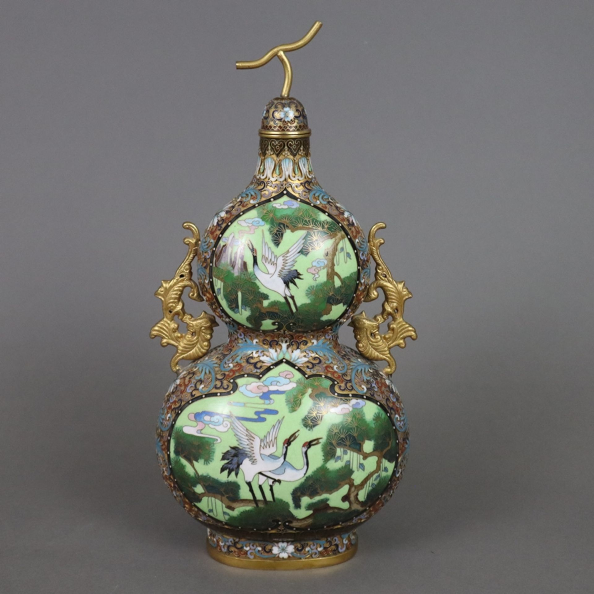 Doppelkürbis-Flasche mit Émail cloisonné-Dekor - China 20.h., „Glücksflasche“ mit Langlebigkeitssym