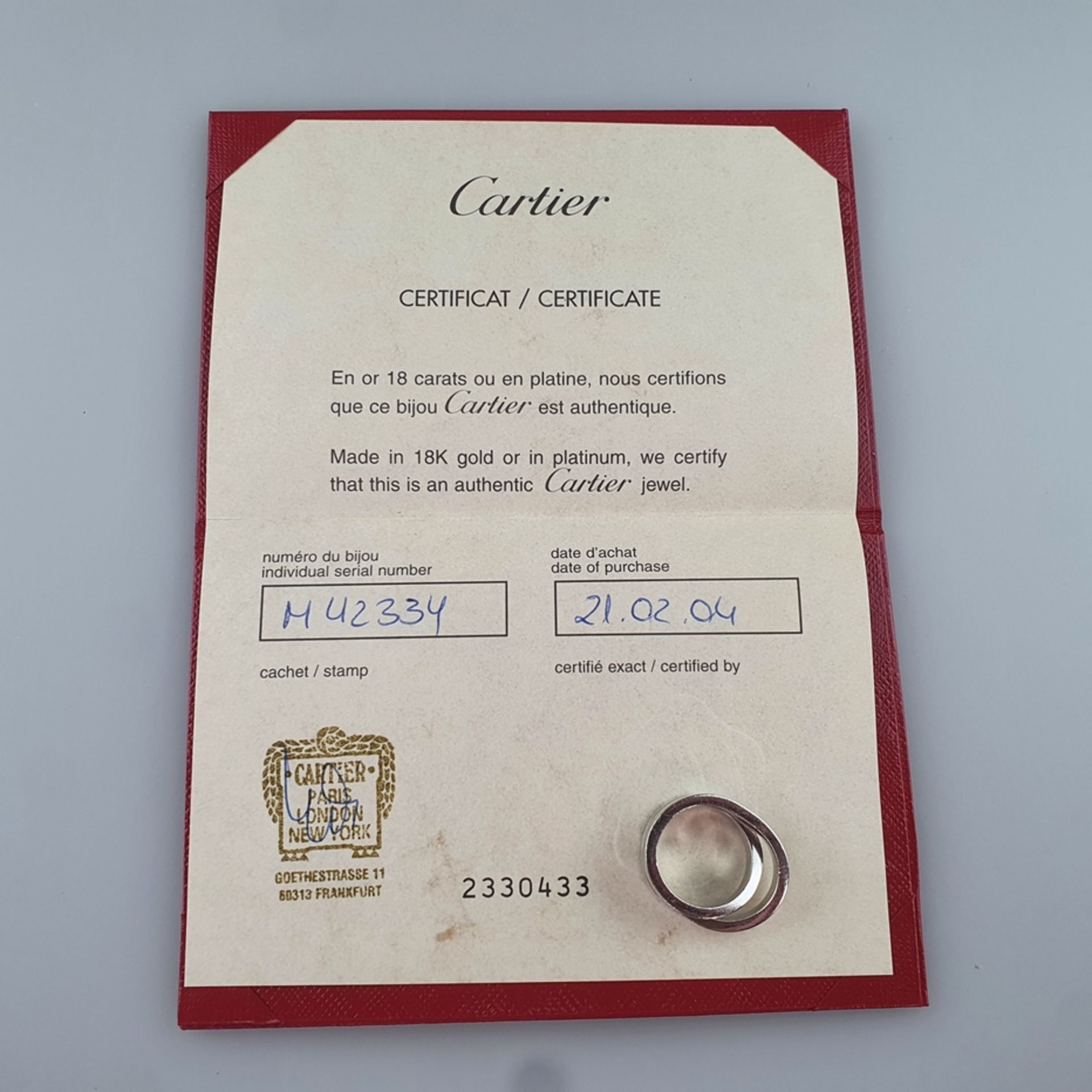 CARTIER-Ring «Paris Nouvelle Vague» - Weißgold 750/000 (18 K), massive, glatte, gekreuzte Schiene, - Bild 7 aus 8