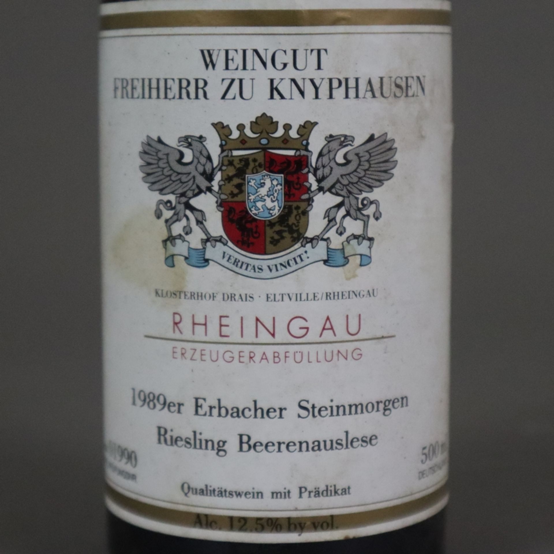 Wein - 3 Flaschen 1989 Erbach Steinmorgen Riesling Beerenauslese, Weingut Freiherr zu Knyphausen, 5 - Bild 4 aus 7