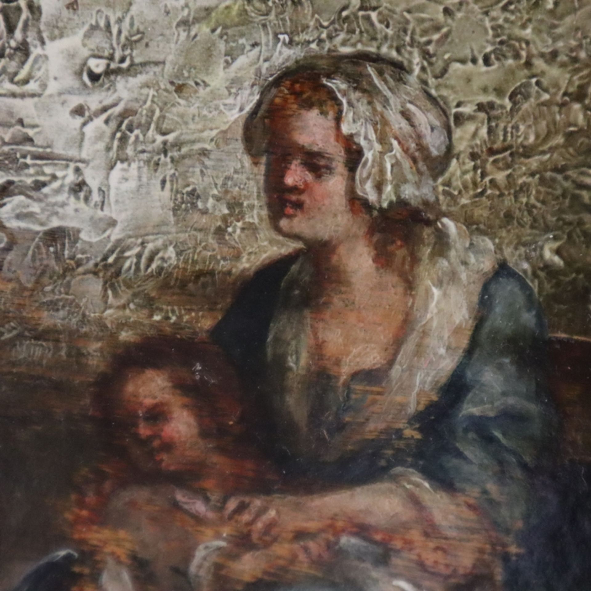 Genremaler (19. Jh.) - Mutter mit drei Kindern findet Unterschlupf im Hühnerstall, Öl auf Holz, uns - Image 7 of 10