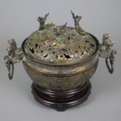 Räucherschale mit Deckel - China, Bronze mit Resten der Vergoldung, halbkugelige Schale auf Standri