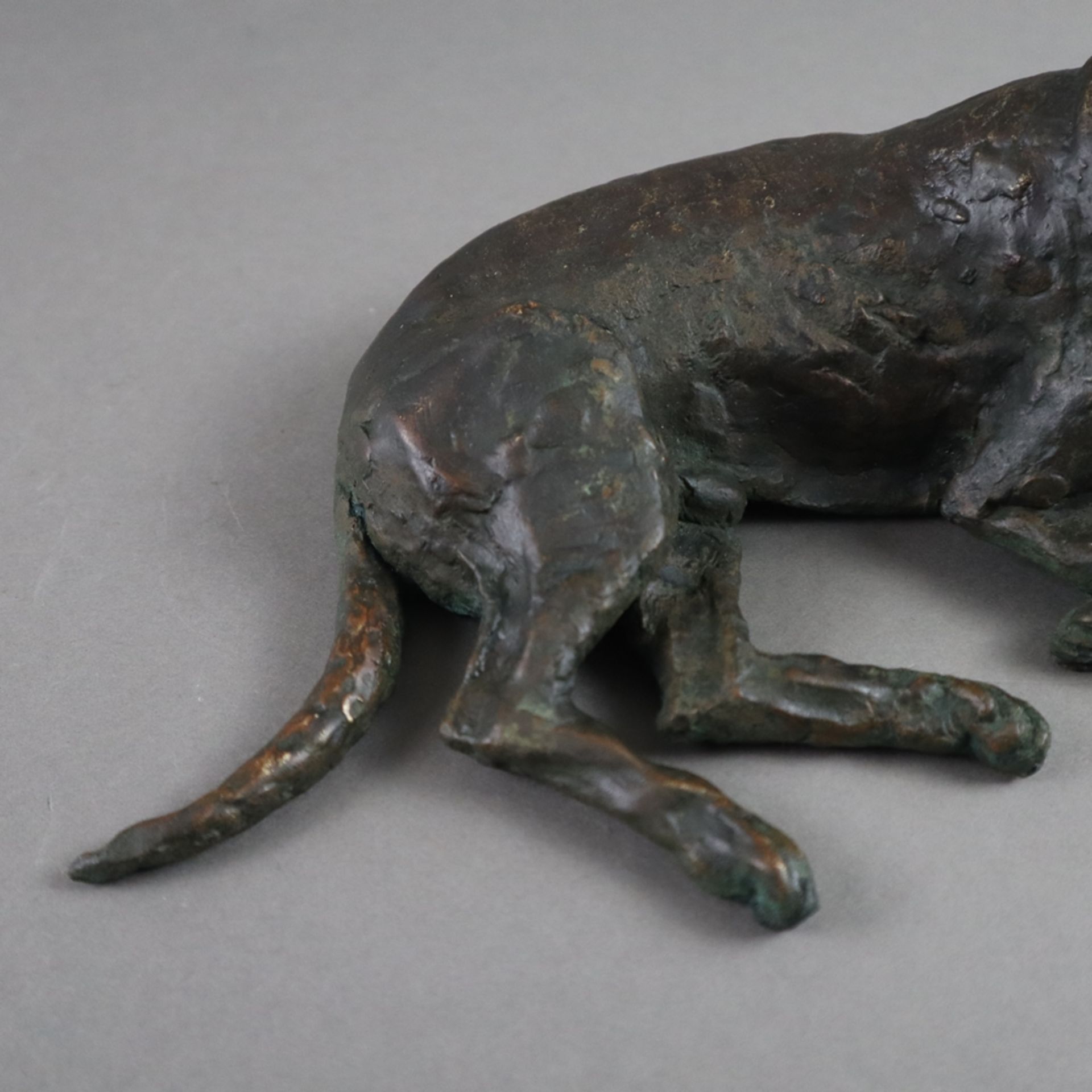 Tierfigur "Liegender Jagdhund" - 1. Hälfte 20. Jh., Bronze, dunkelbraun patiniert, Hohlguss, offene - Bild 4 aus 5