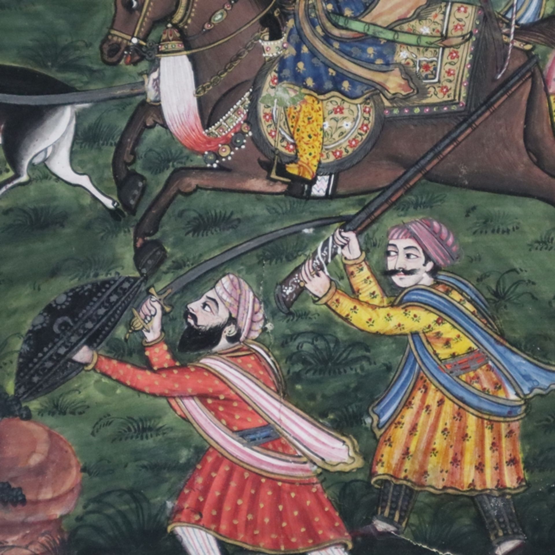 Indische Miniaturmalerei - Indien, wohl ausgehende Mogulzeit, Badshah Humayun auf der Jagd, minutiö - Bild 6 aus 9