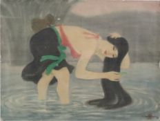 Vietnamesischer Künstler 20.Jh. - Junge Dame bei der Haarwäsche in einem Gewässer, leichte Farben u