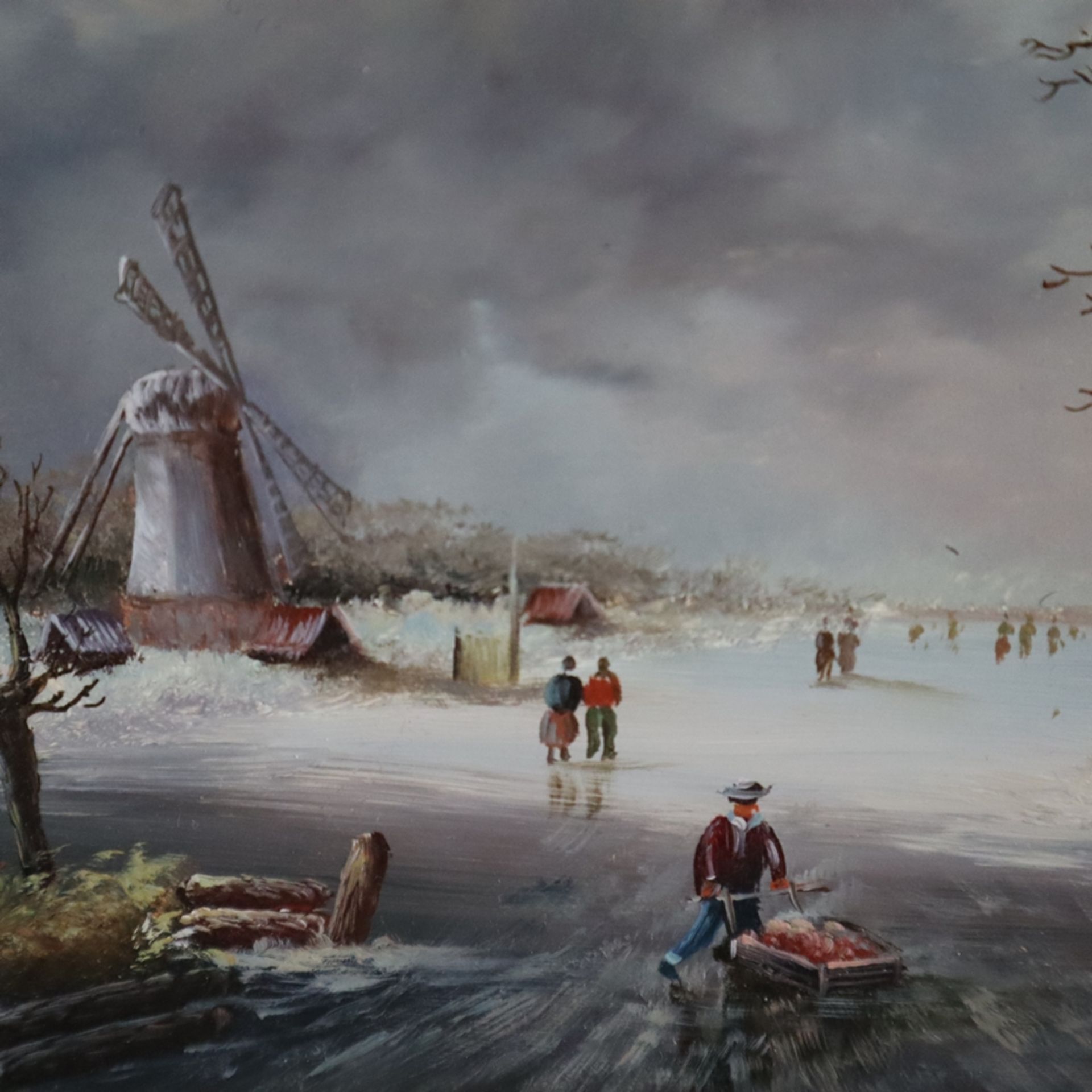 Claes, F. (XX) - Zwei zugefrorene Uferlandschaften mit Figurenstaffage, Öl auf Holzplatte, jeweils - Image 5 of 12