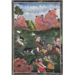 Indische Miniaturmalerei - Indien, wohl ausgehende Mogulzeit, Badshah Humayun auf der Jagd, minutiö