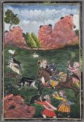 Indische Miniaturmalerei - Indien, wohl ausgehende Mogulzeit, Badshah Humayun auf der Jagd, minutiö