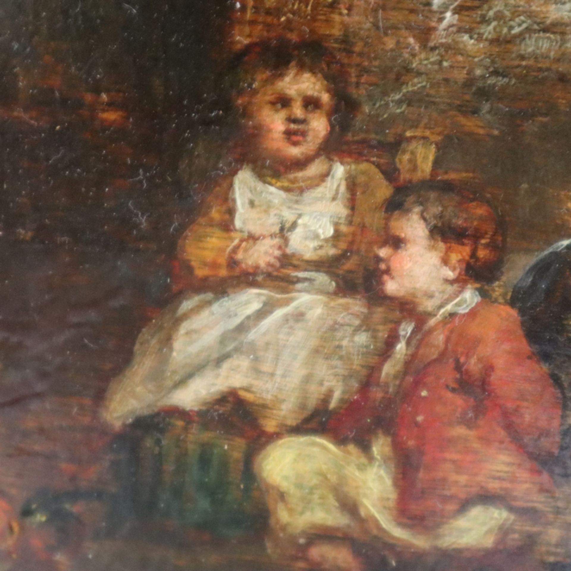 Genremaler (19. Jh.) - Mutter mit drei Kindern findet Unterschlupf im Hühnerstall, Öl auf Holz, uns - Image 5 of 10