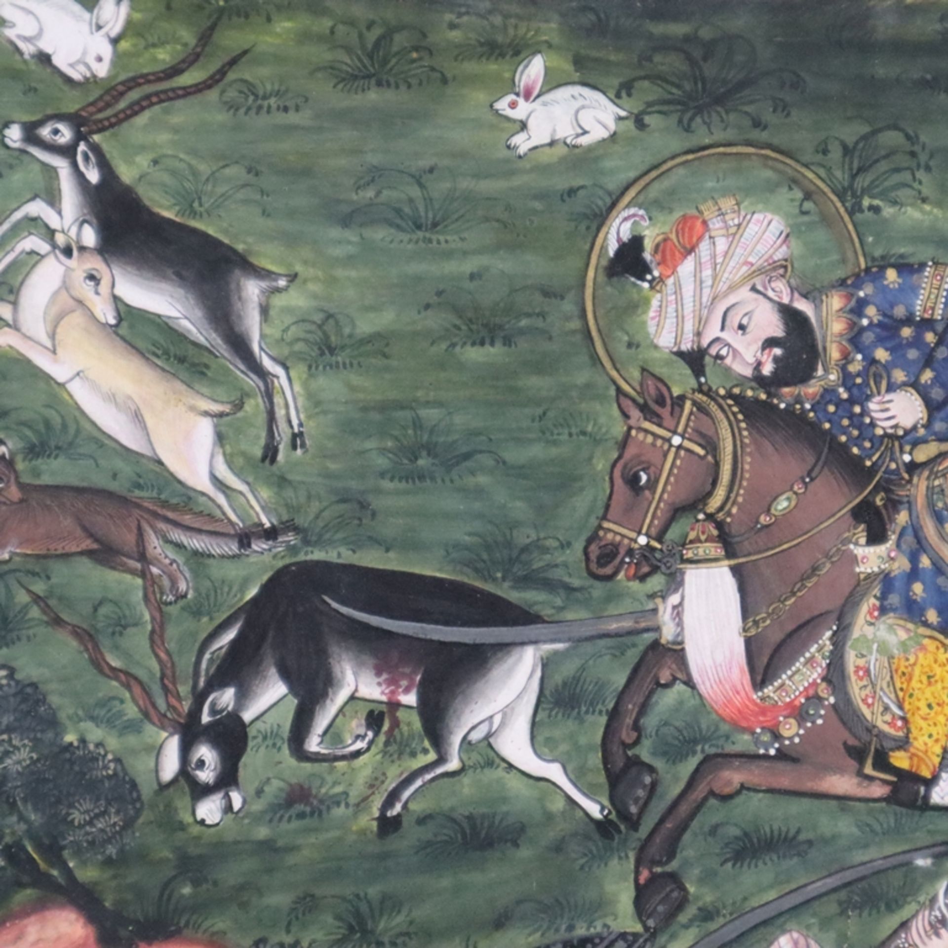 Indische Miniaturmalerei - Indien, wohl ausgehende Mogulzeit, Badshah Humayun auf der Jagd, minutiö - Bild 4 aus 9