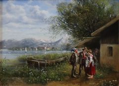 Ladas, Anneliese (*Augsburg 1941) - "Beim Plausch", Gebirgsseelandschaft mit plaudernden Bauern vor