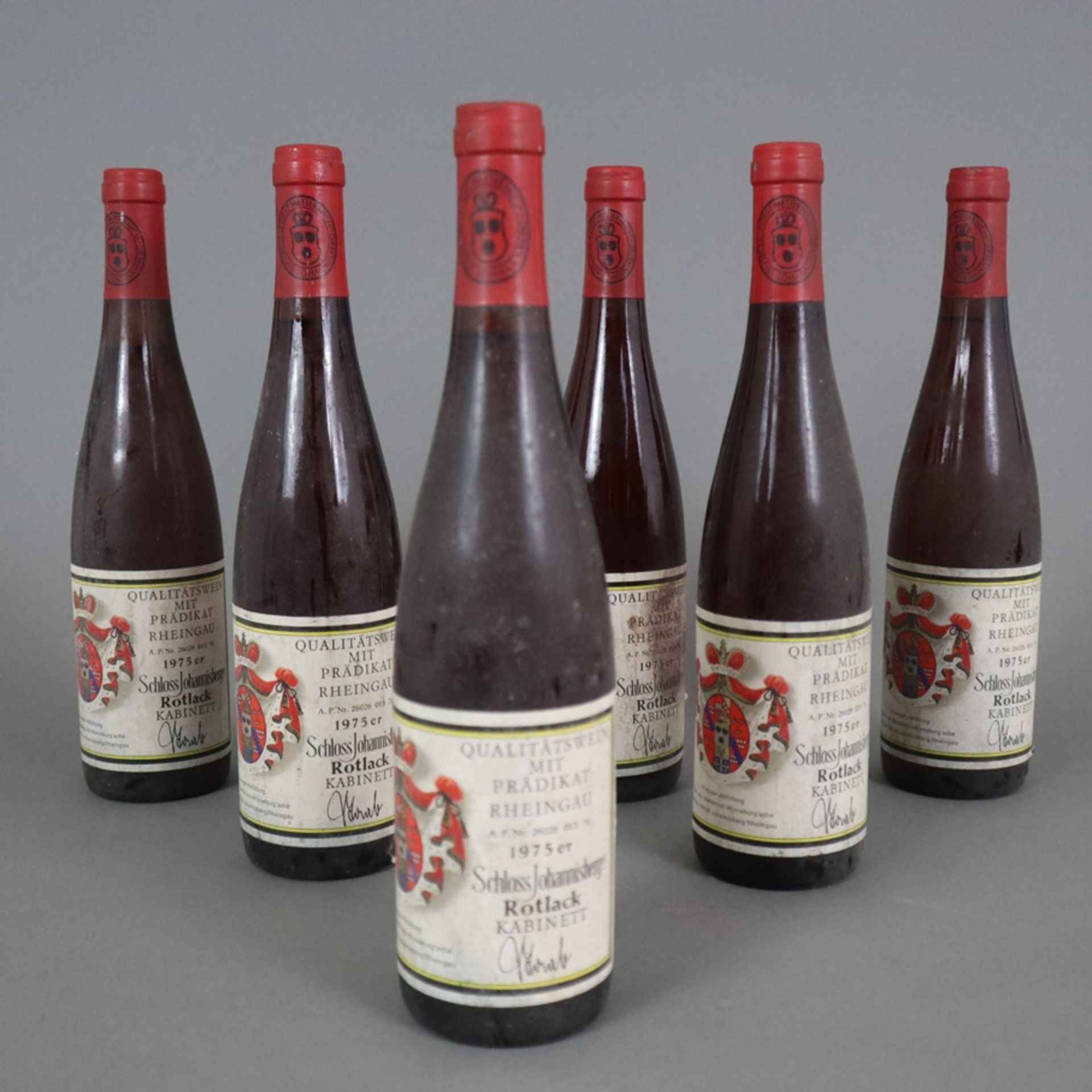 Wein - 6 Flaschen 1975 Schloss Johannisberg Riesling Kabinett (Rotlack), 75 cl, Füllstand: High Fil