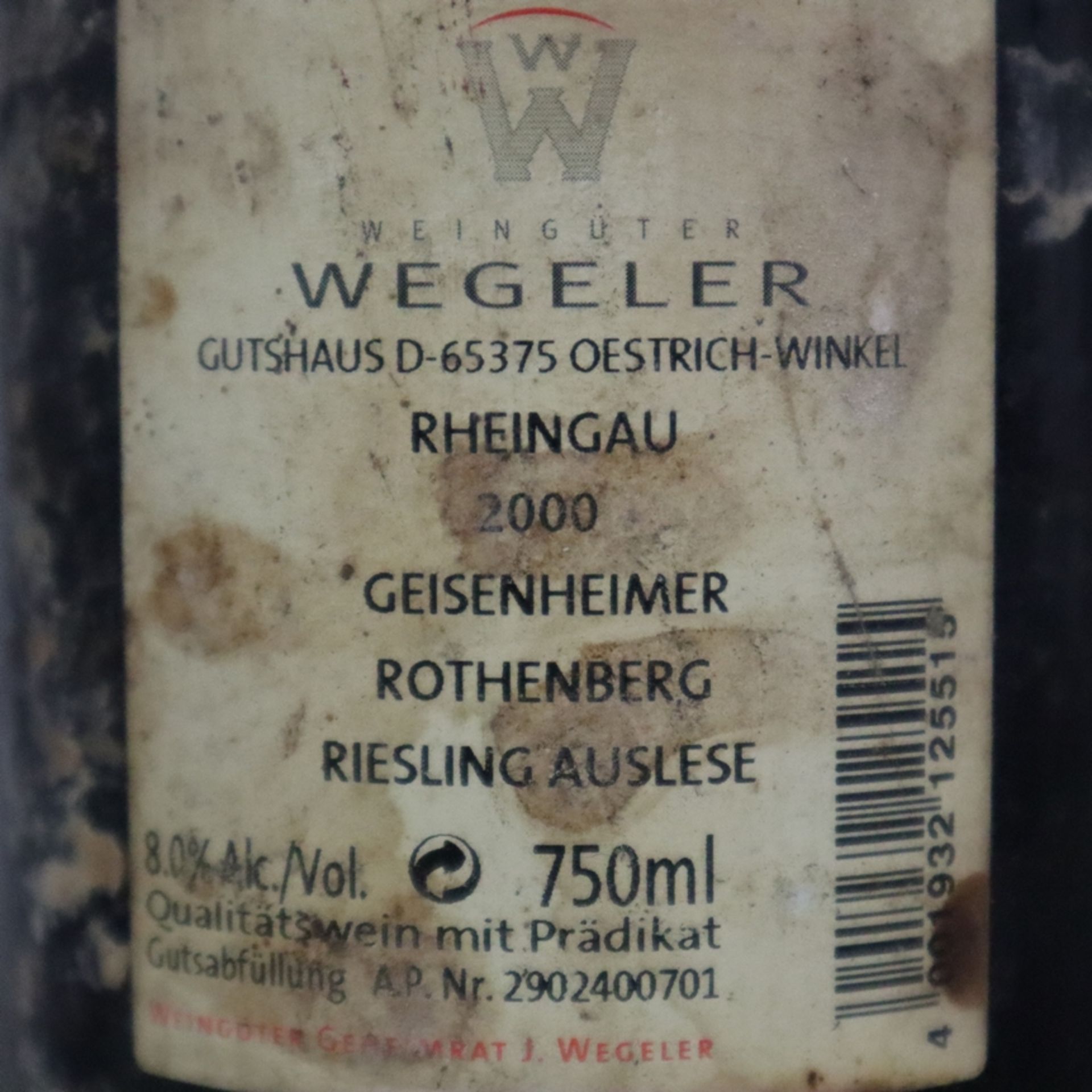 Wein - 2000 Geisenheim Rotenberg, Wegeler, Riesling Auslese, Füllstand: Into Neck, Flasche und Etik - Bild 5 aus 5