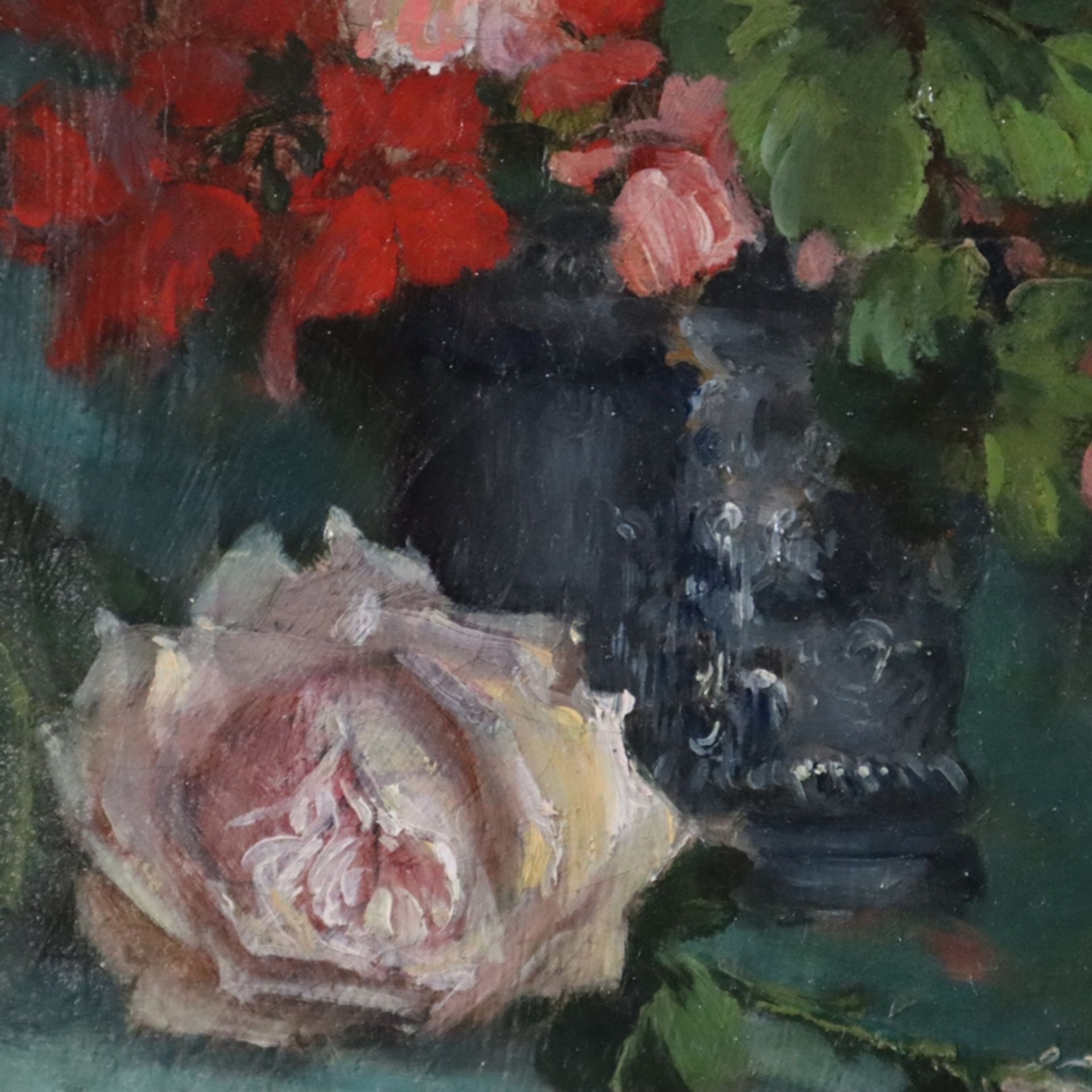 Dumarc Roy, P. -Ende 19.Jh.- Stillleben mit Geranientopf und Rosenblüten, Öl auf Leinwand, rechts u - Bild 5 aus 7