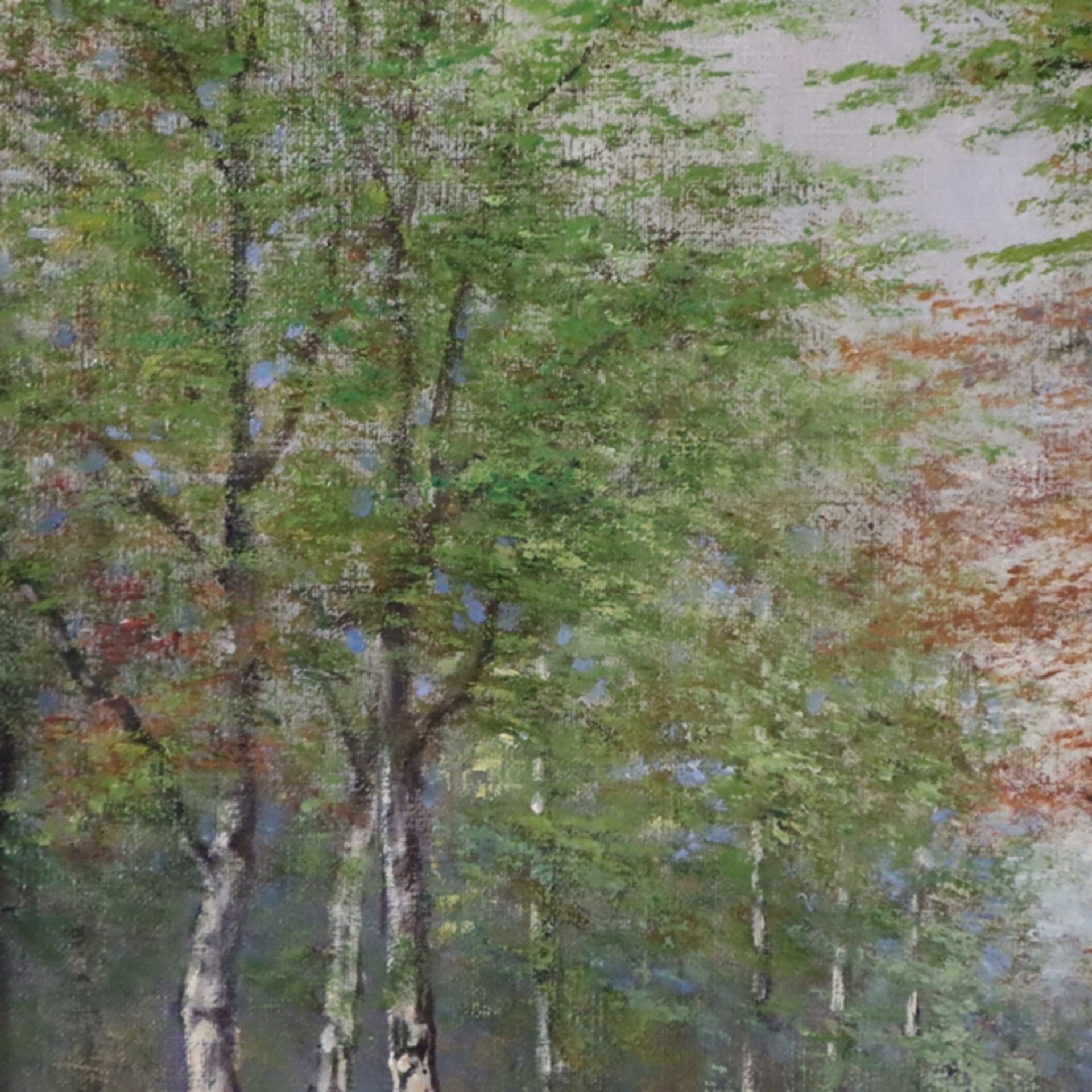 Unbekannt -20.Jh.- Herbstlicher Birkenwald mit Bäuerinnen auf dem Heimweg, Öl auf Leinwand, unten l - Bild 7 aus 12