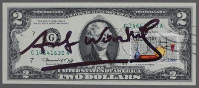 Warhol, Andy (1928 Pittsburgh - 1987 New York) - „Two Jefferson's Dollars“, 2 Dollarnote mit Signat