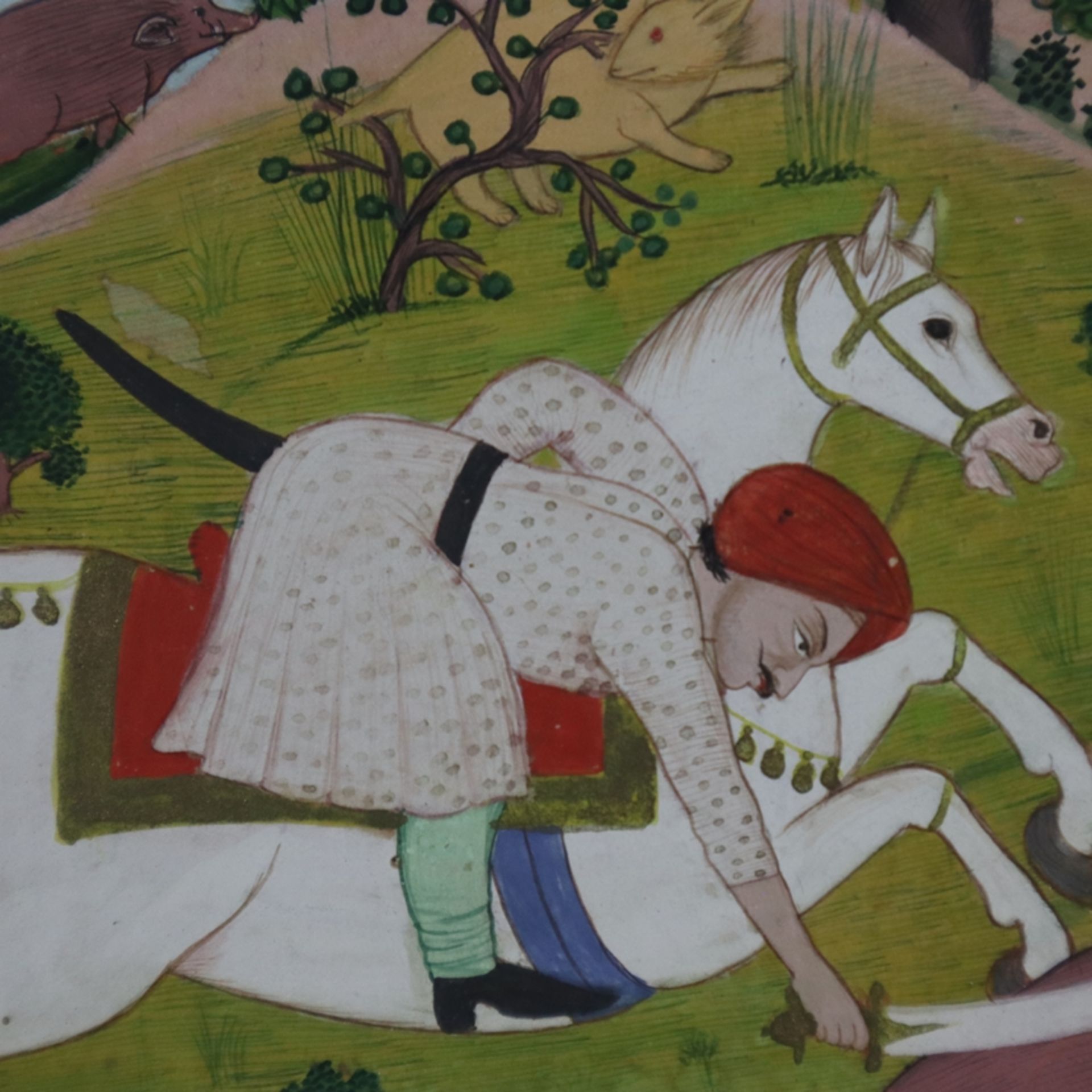 Indische Miniaturmalerei - wohl ausgehende Mogulzeit, Wildschweinjagd, feine Detailmalerei in Gouac - Bild 3 aus 10