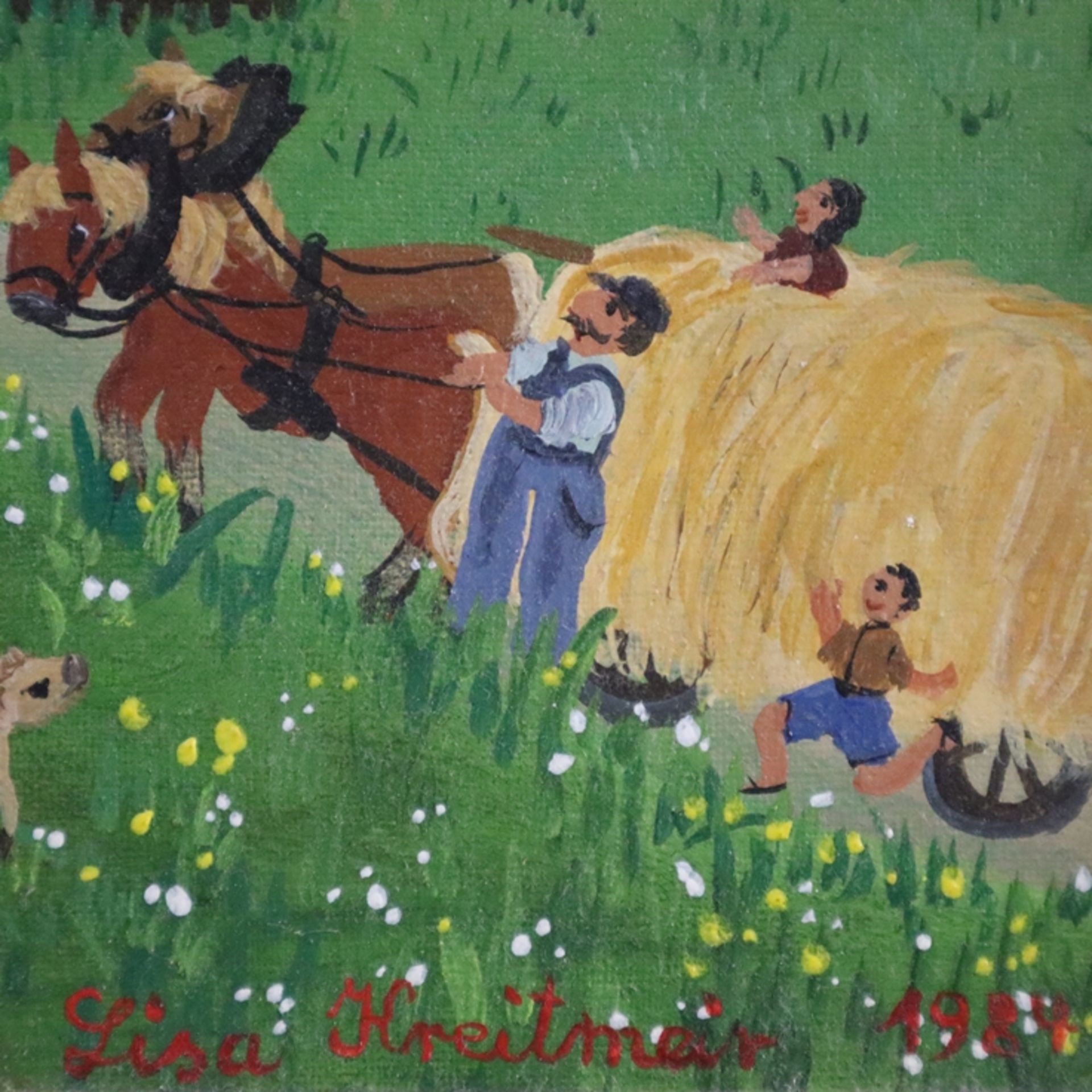 Kreitmeir, Lisa (1935 Oberammergau) - Belebte Dorfszene mit Bauern und Vieh, Öl auf Leinwand, auf P - Bild 8 aus 8