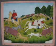 Indische Miniaturmalerei - wohl ausgehende Mogulzeit, Wildschweinjagd, feine Detailmalerei in Gouac