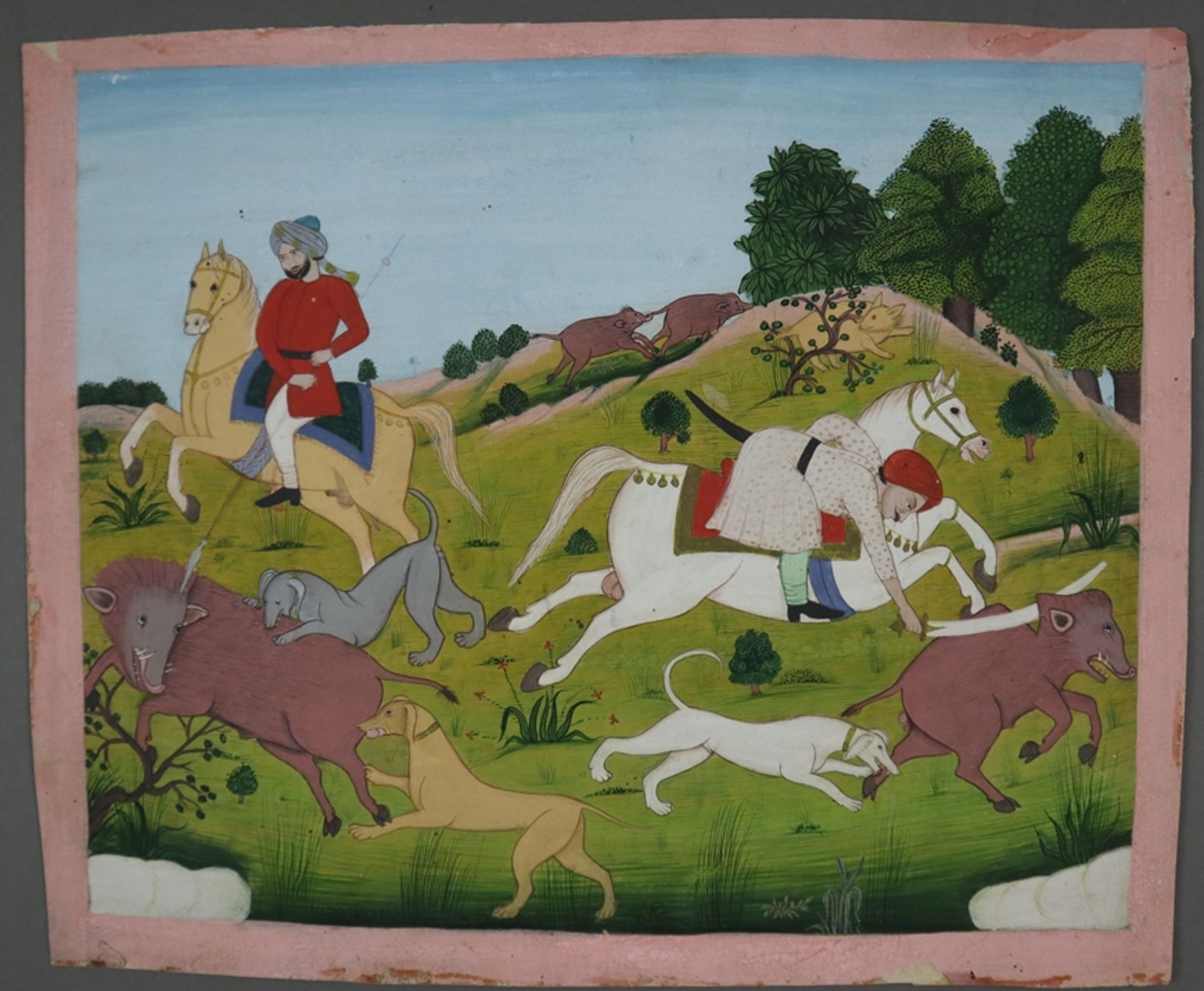 Indische Miniaturmalerei - wohl ausgehende Mogulzeit, Wildschweinjagd, feine Detailmalerei in Gouac