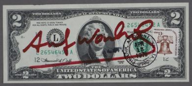 Warhol, Andy (1928 Pittsburgh - 1987 New York) - „Two Jefferson's Dollars“, 2 Dollarnote mit Signat