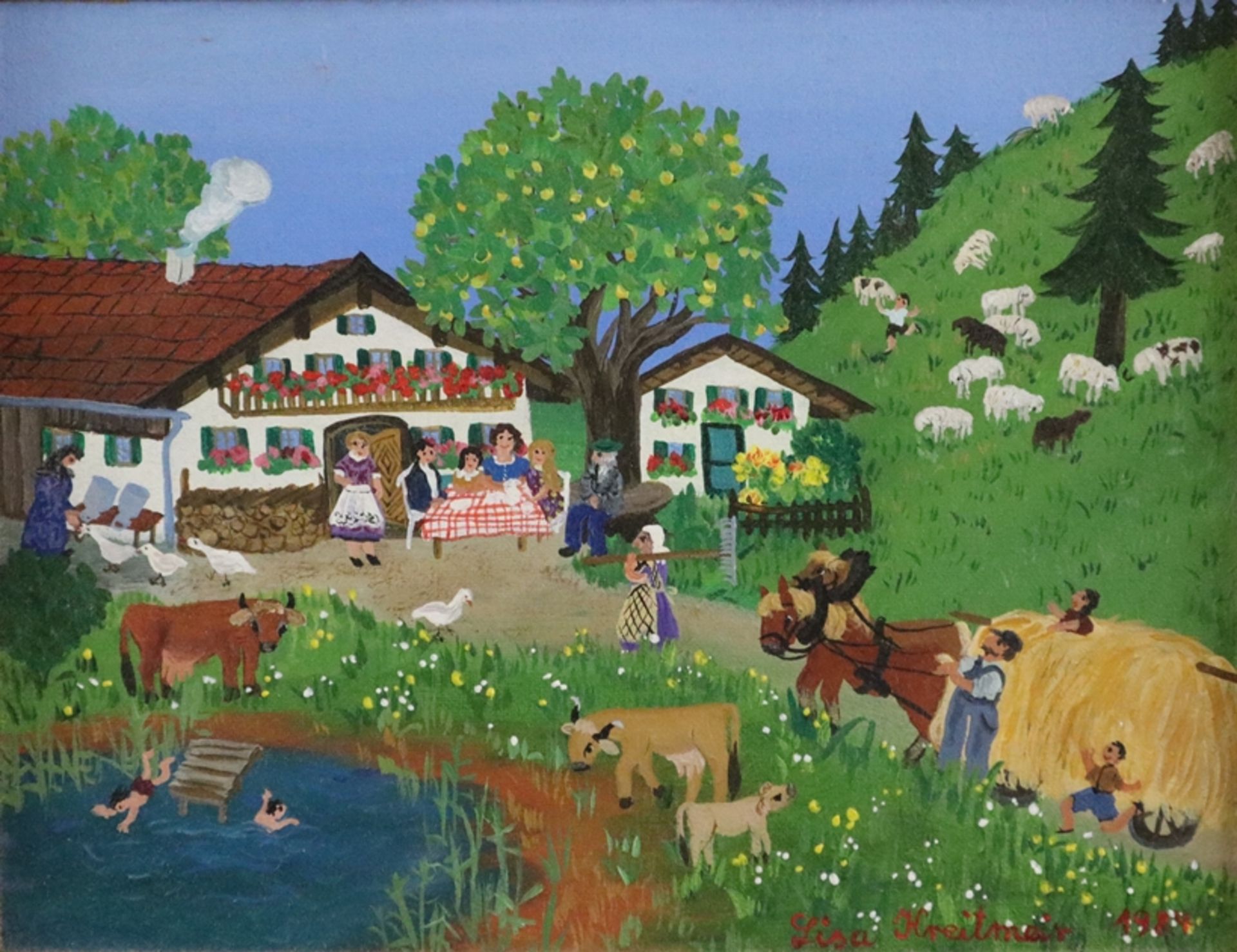 Kreitmeir, Lisa (1935 Oberammergau) - Belebte Dorfszene mit Bauern und Vieh, Öl auf Leinwand, auf P